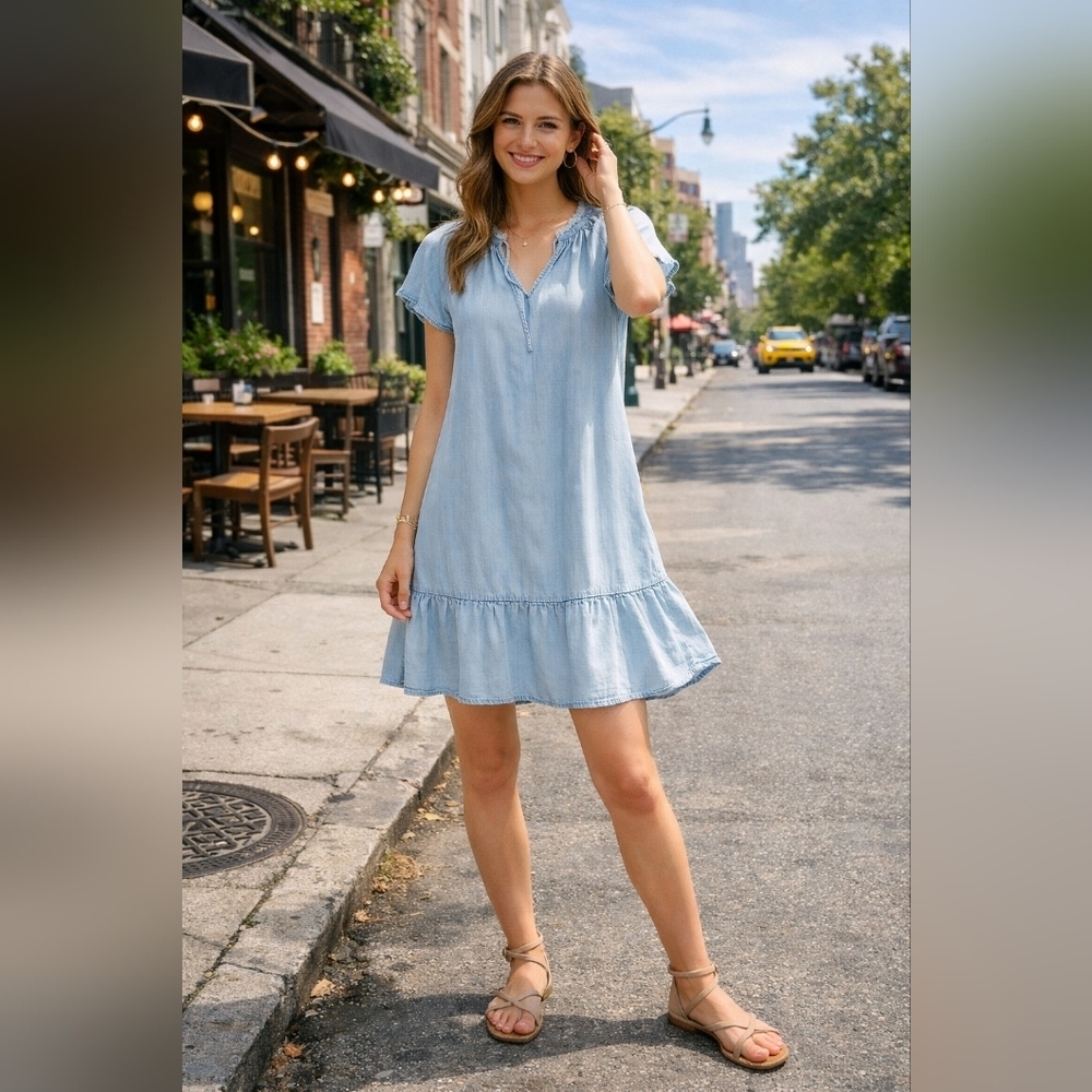 Cloth & Stone By Antrhopologie  Green Cap Sleeve Tiered Mini Dress